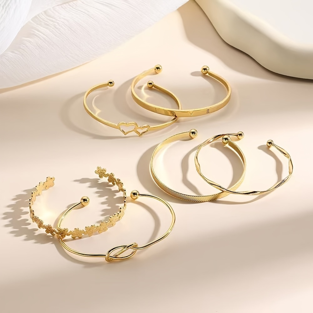 6pcs Vintage Creative Double Heart Flower Knot Bangle Bracelet Set